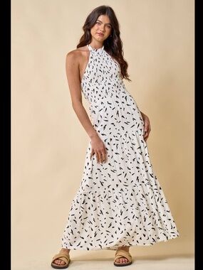 Lalavon Rayon/Linen Modern Print Halter Maxi Dress ♥️NWT♥️